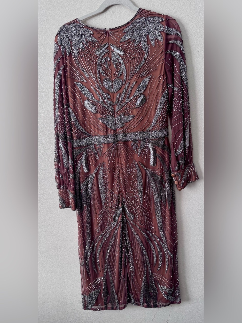 Mac Duggal Mauve Silver Beaded Long Sleeve Cocktail Dress Size 12 Flaws - Picture 10 of 10